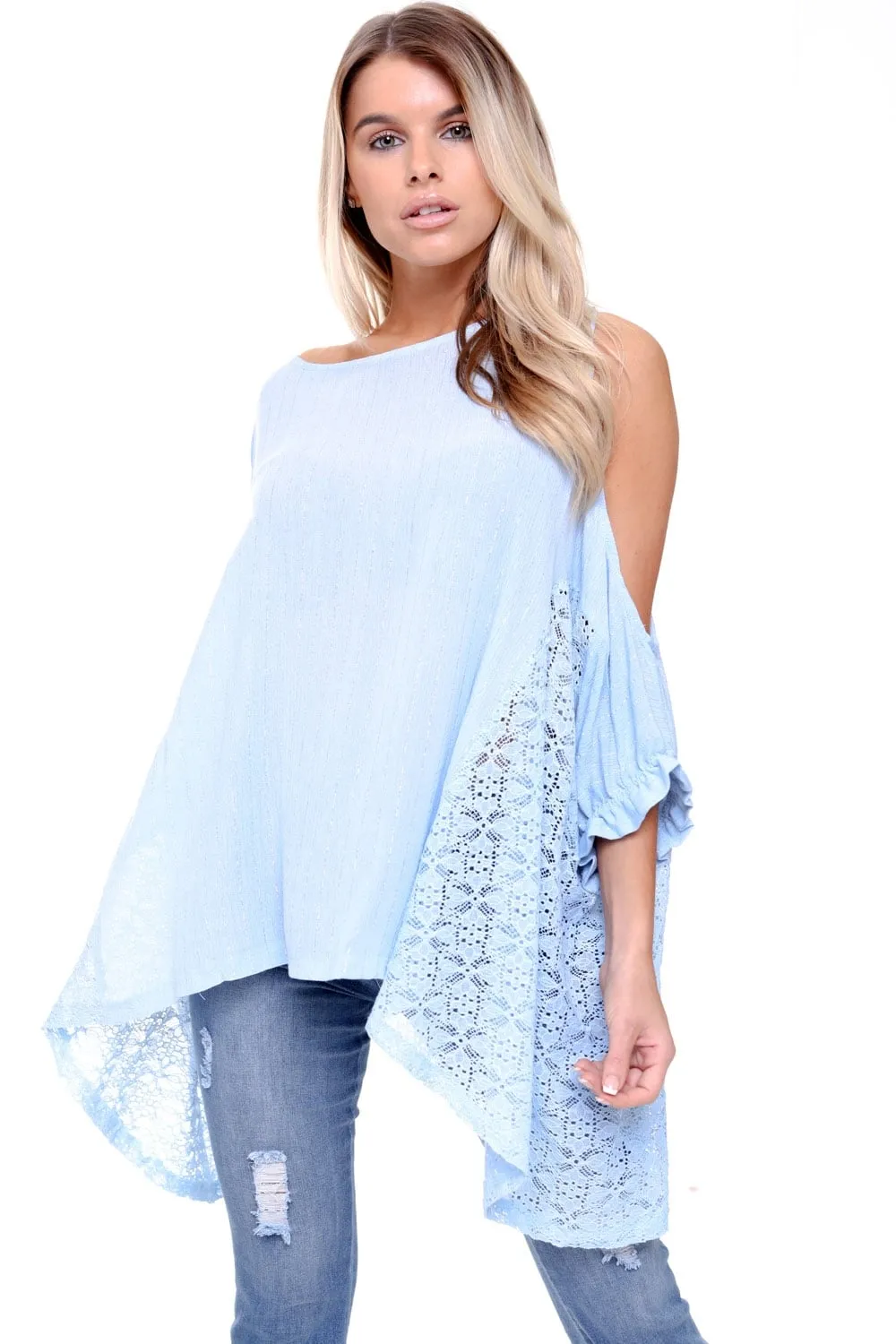 Pin Stripe Oversized Cold Shoulder Lace Insert Top