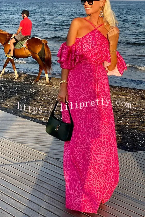 Pink Leopard for Tonight Cold Shoulder Belted Maxi Dress