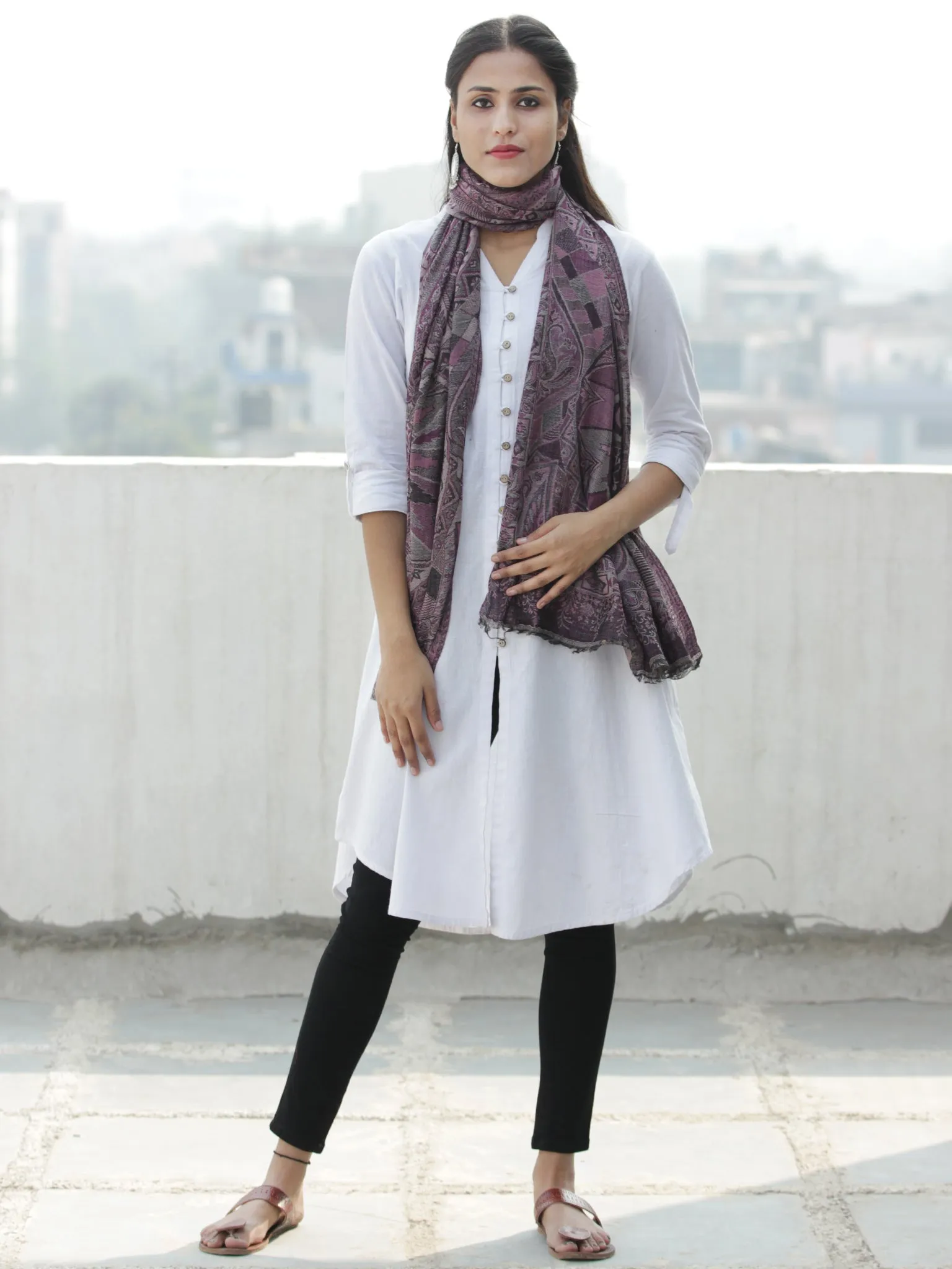 Plum Grey Black Pure Cashmere Wool Jamavar Stole - S200560