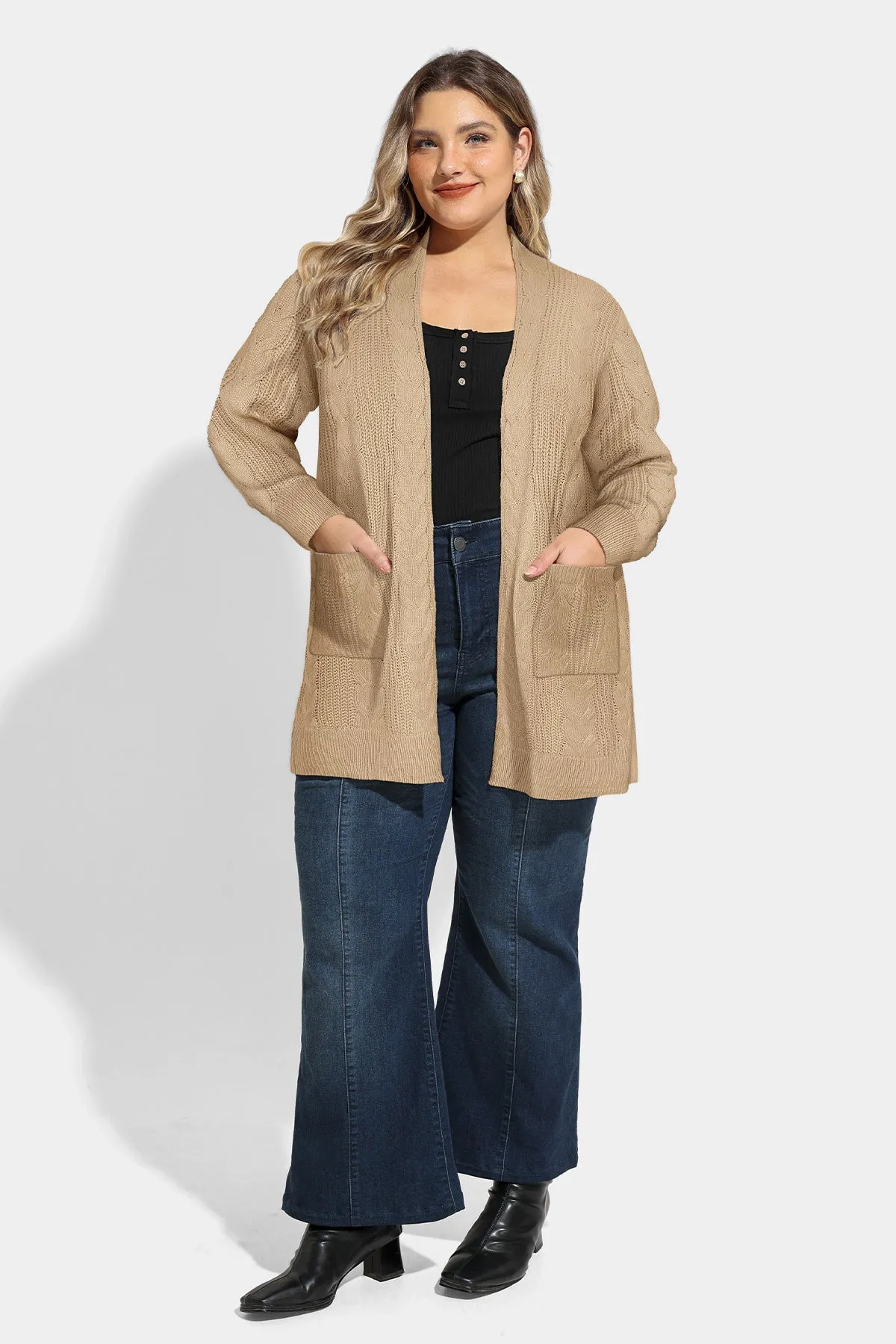 Pocket Plain Woolen Open Front Sweater