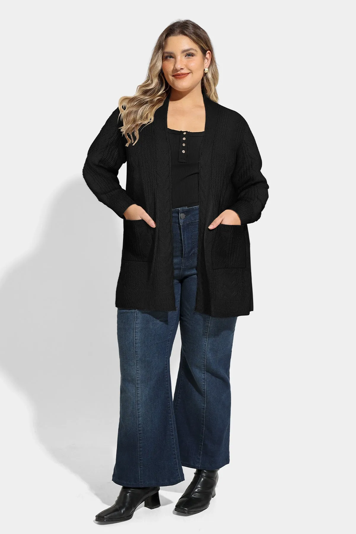 Pocket Plain Woolen Open Front Sweater