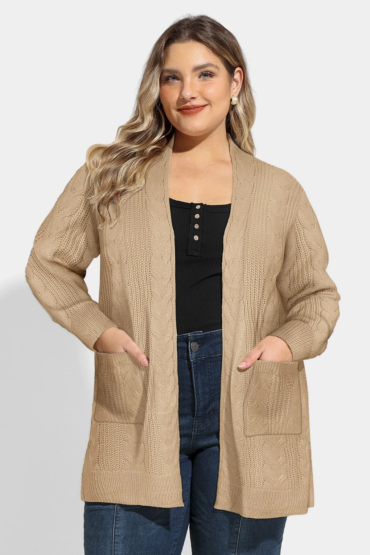 Pocket Plain Woolen Open Front Sweater