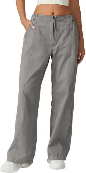 QINSEN Womens Zip Front Wide Leg Long Pants High Waist Causal Cargo Pants Cotton Pocket Palazzo Pants
