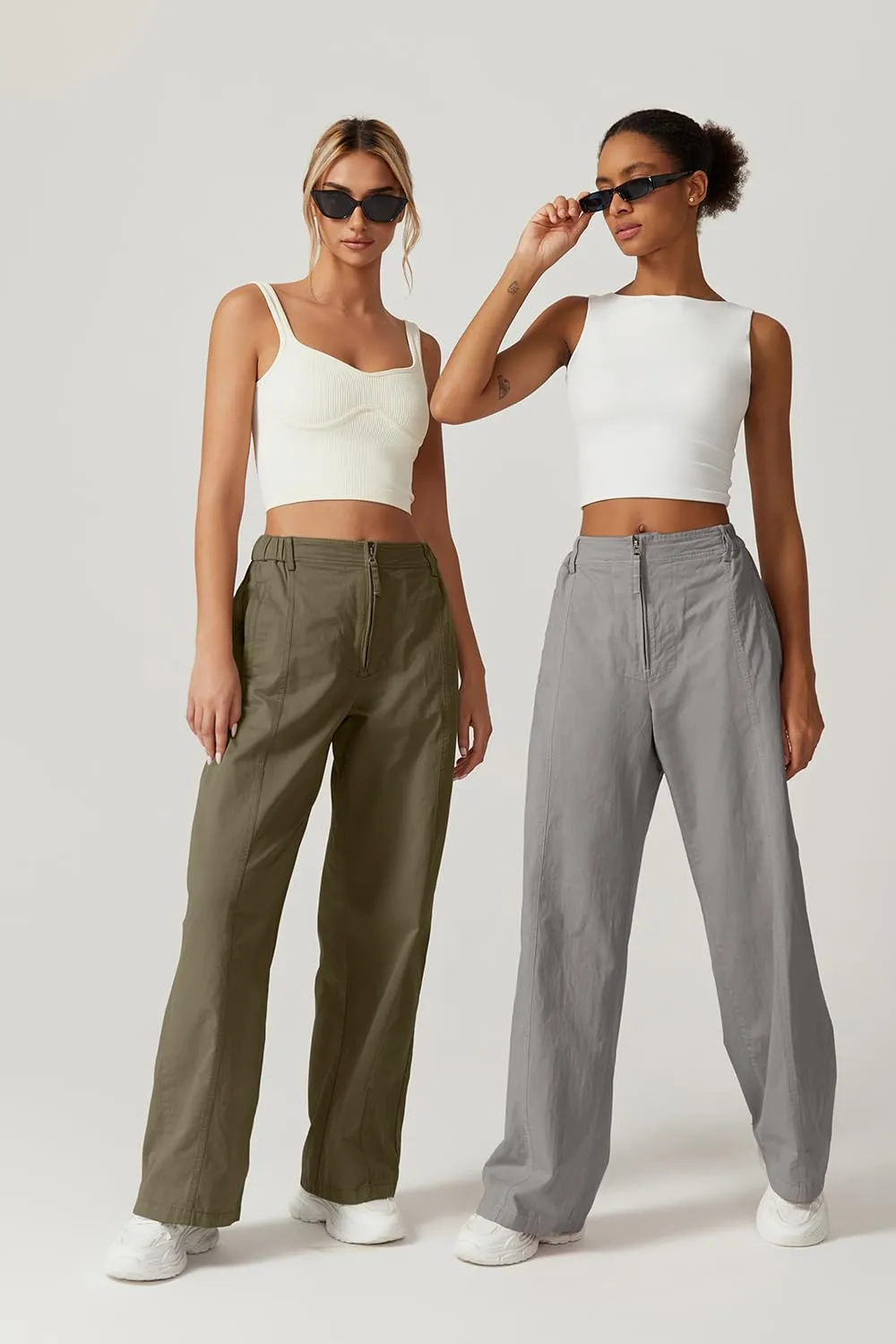 QINSEN Womens Zip Front Wide Leg Long Pants High Waist Causal Cargo Pants Cotton Pocket Palazzo Pants