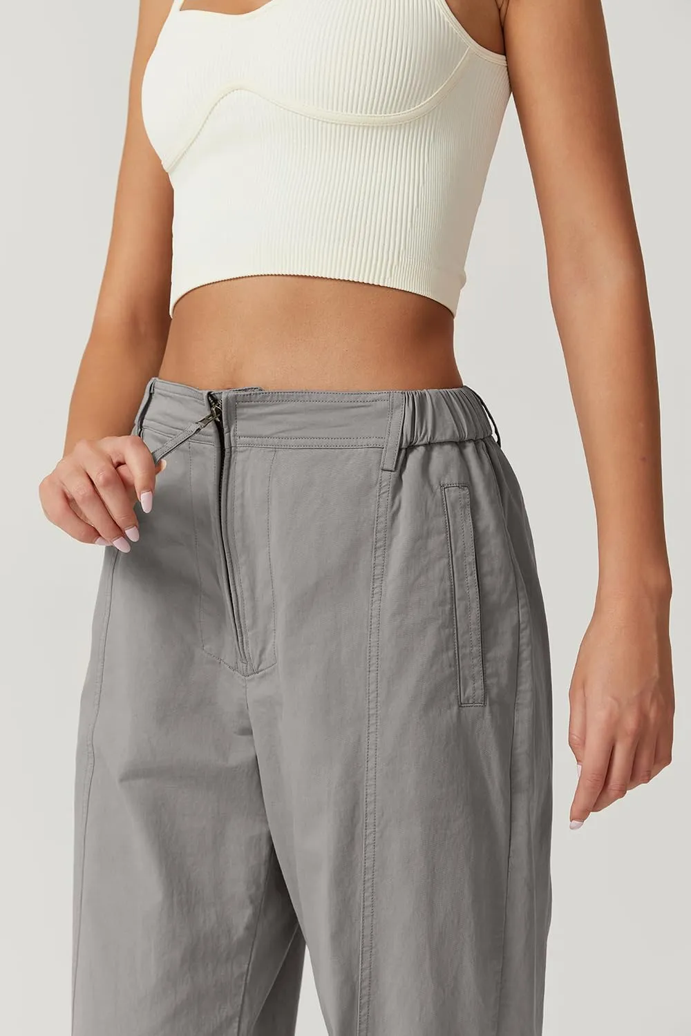 QINSEN Womens Zip Front Wide Leg Long Pants High Waist Causal Cargo Pants Cotton Pocket Palazzo Pants