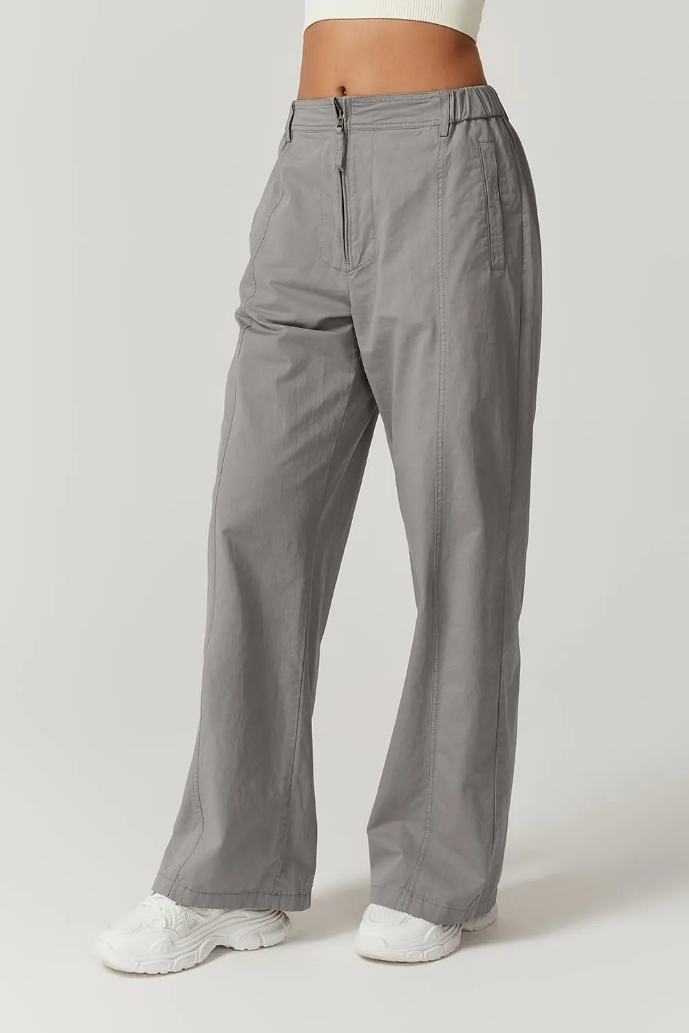 QINSEN Womens Zip Front Wide Leg Long Pants High Waist Causal Cargo Pants Cotton Pocket Palazzo Pants