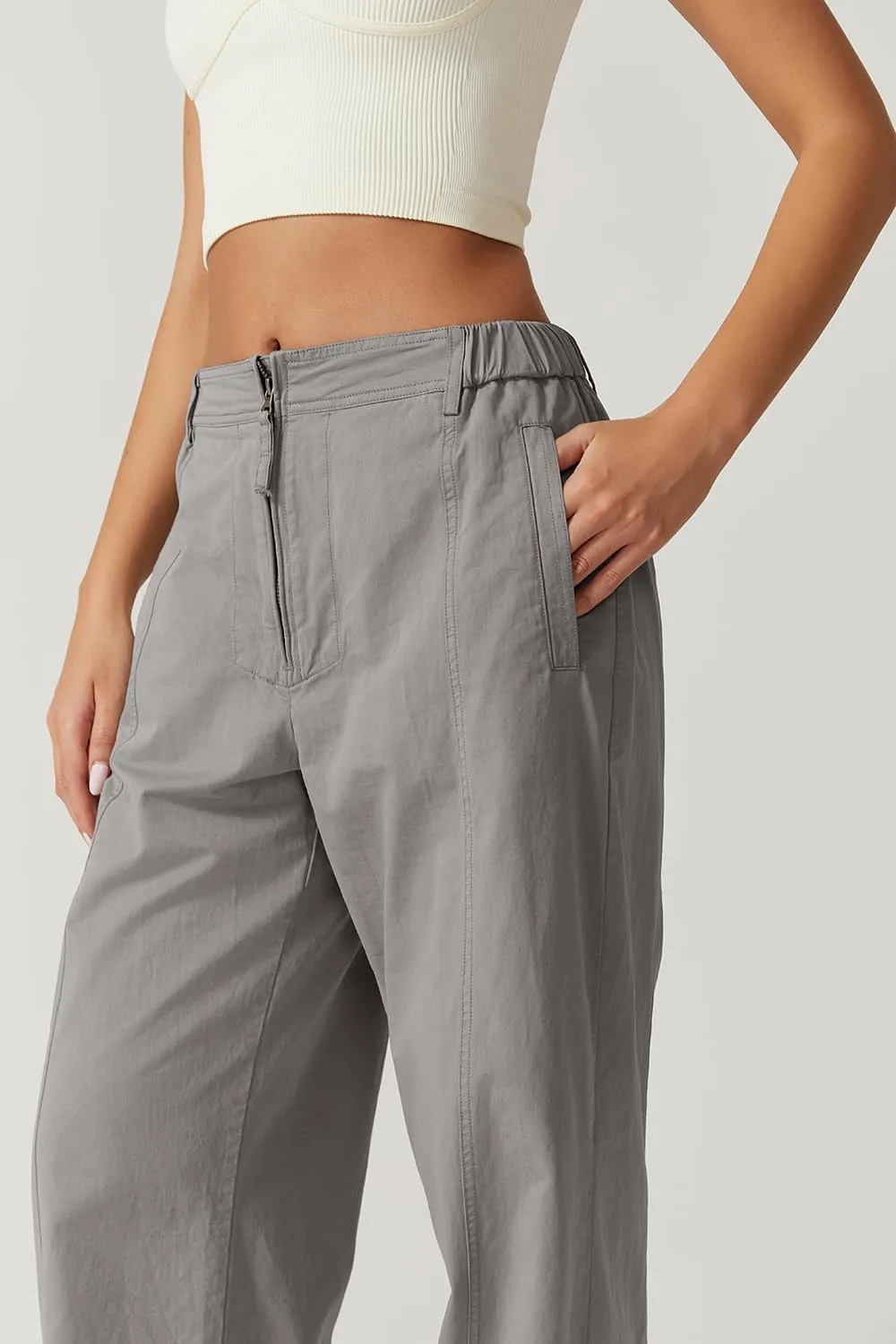 QINSEN Womens Zip Front Wide Leg Long Pants High Waist Causal Cargo Pants Cotton Pocket Palazzo Pants