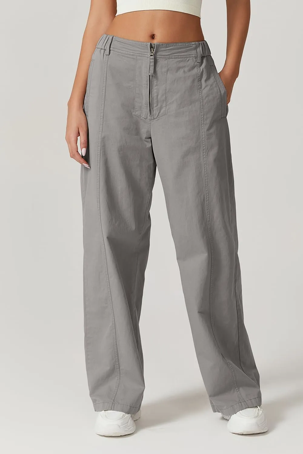 QINSEN Womens Zip Front Wide Leg Long Pants High Waist Causal Cargo Pants Cotton Pocket Palazzo Pants