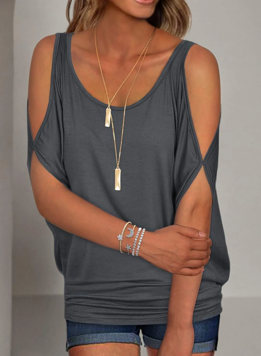 RANPHEE Womens Summer Cold Shoulder Tops Casual Scoop Neck Loose Fit T Shirt