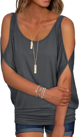RANPHEE Womens Summer Cold Shoulder Tops Casual Scoop Neck Loose Fit T Shirt