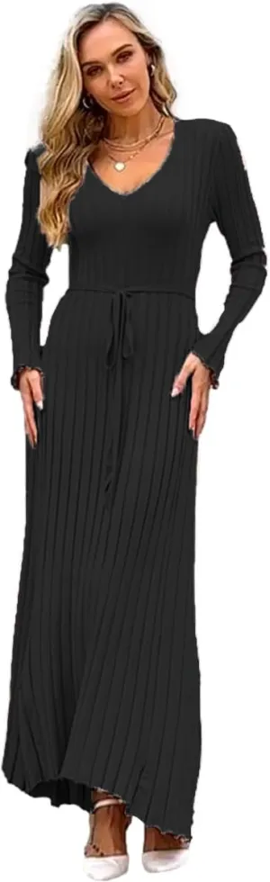 RanRui Womens Winter Fall Pleated Knitted Fit and Flare Long Sleeve Sweater Dress