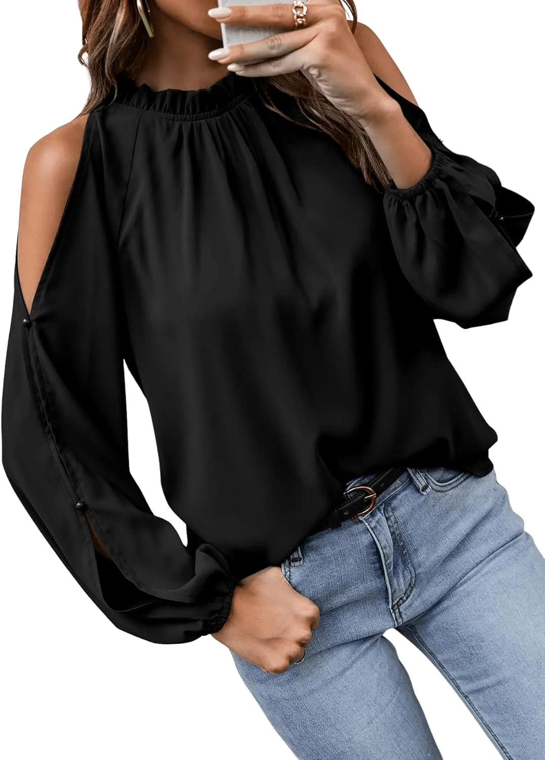 SweatyRocks Women's Casual Long Lantern Sleeve Cold Shoulder Top Cut Out Ruffle Trim Blouse