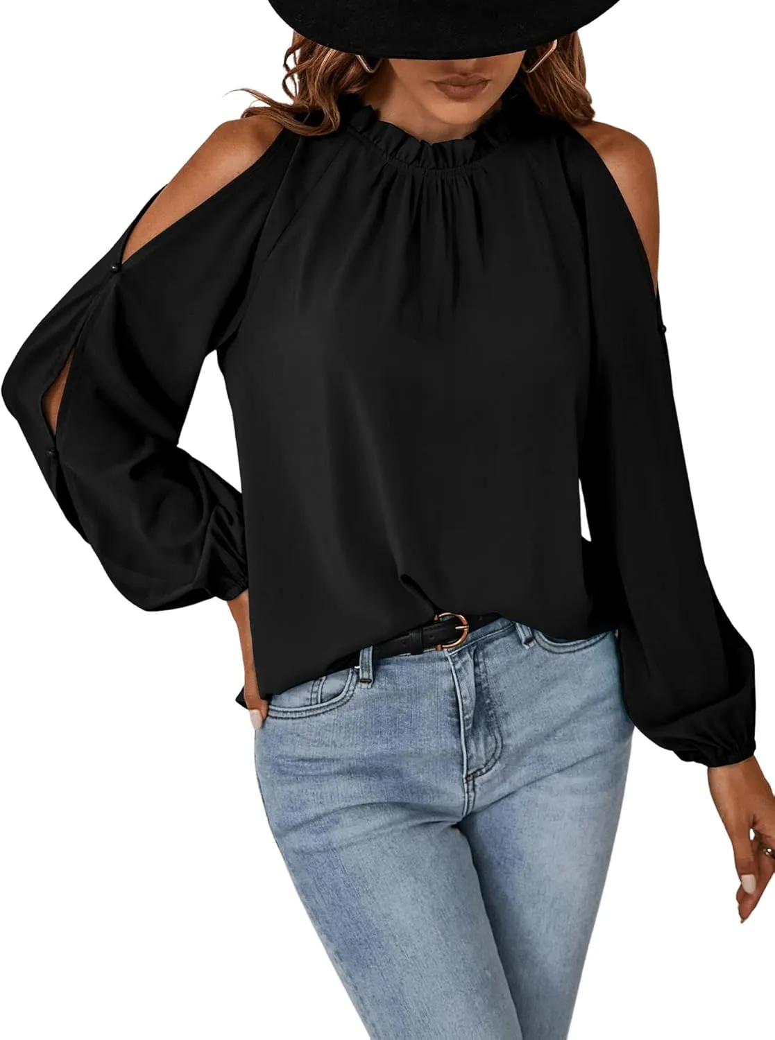 SweatyRocks Women's Casual Long Lantern Sleeve Cold Shoulder Top Cut Out Ruffle Trim Blouse