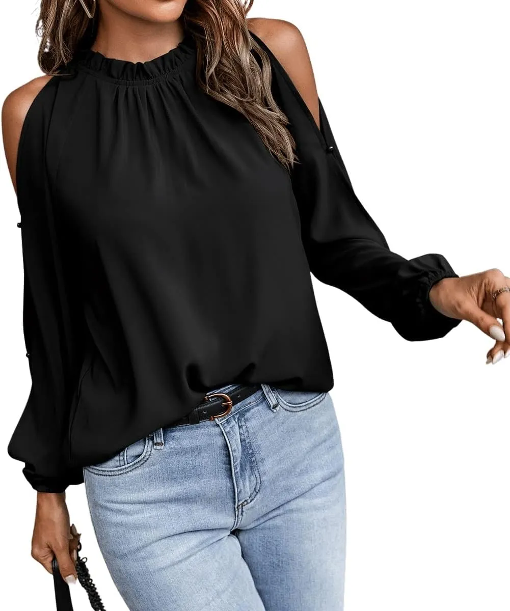 SweatyRocks Women's Casual Long Lantern Sleeve Cold Shoulder Top Cut Out Ruffle Trim Blouse