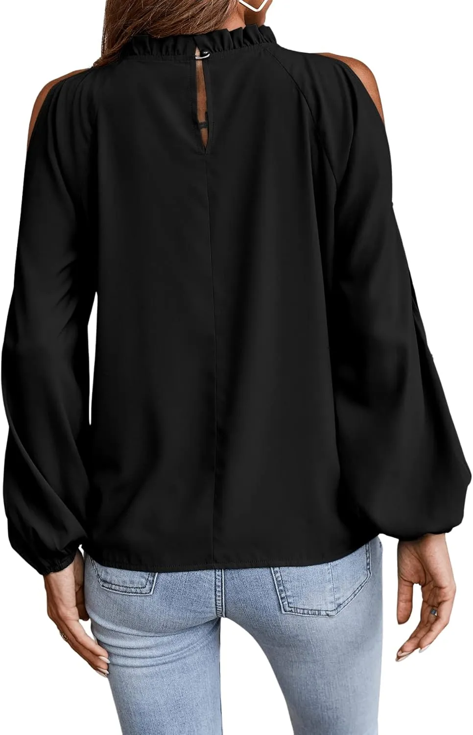 SweatyRocks Women's Casual Long Lantern Sleeve Cold Shoulder Top Cut Out Ruffle Trim Blouse