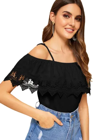 SweatyRocks Women's Spaghetti Strap Cold Shoulder Tops Short Sleeve Lace Trim Shirt Blouse