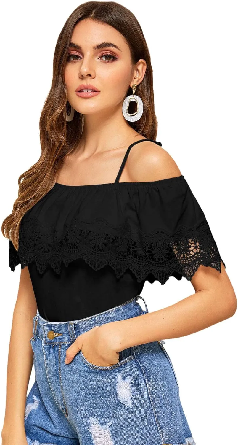 SweatyRocks Women's Spaghetti Strap Cold Shoulder Tops Short Sleeve Lace Trim Shirt Blouse