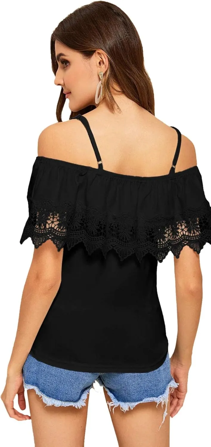 SweatyRocks Women's Spaghetti Strap Cold Shoulder Tops Short Sleeve Lace Trim Shirt Blouse