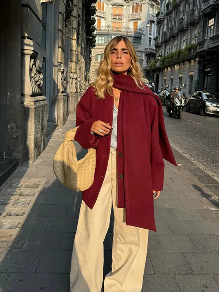 TAVIMART  -  Causal Burgundy Women Autumn Full Sleeve Woolen Coat With Scarf Fashion Solid Single Breasted Jacket Female New Chic Office Wear
