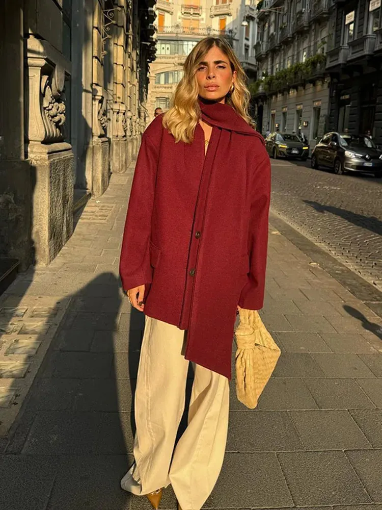 TAVIMART  -  Causal Burgundy Women Autumn Full Sleeve Woolen Coat With Scarf Fashion Solid Single Breasted Jacket Female New Chic Office Wear