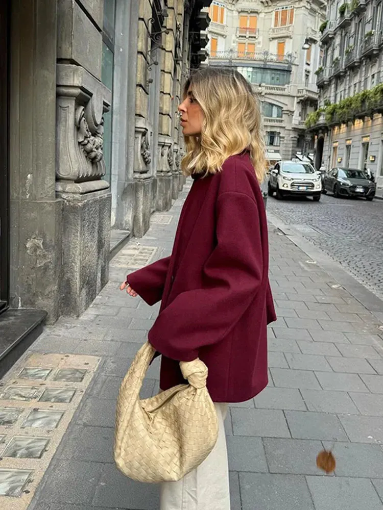 TAVIMART  -  Causal Burgundy Women Autumn Full Sleeve Woolen Coat With Scarf Fashion Solid Single Breasted Jacket Female New Chic Office Wear