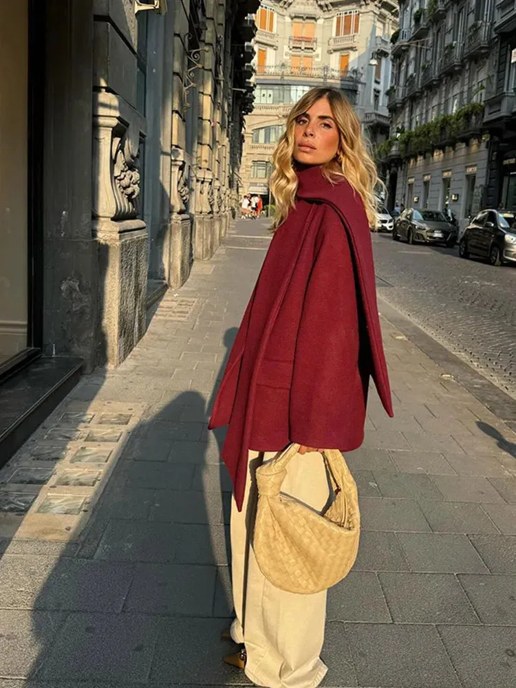 TAVIMART  -  Causal Burgundy Women Autumn Full Sleeve Woolen Coat With Scarf Fashion Solid Single Breasted Jacket Female New Chic Office Wear