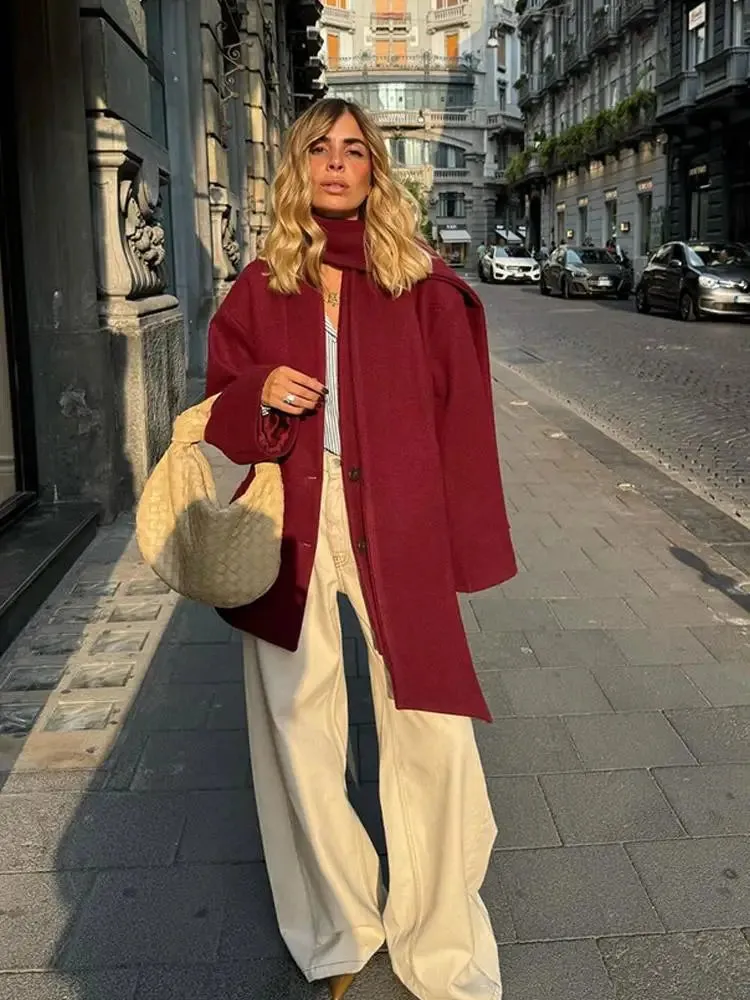 TAVIMART  -  Causal Burgundy Women Autumn Full Sleeve Woolen Coat With Scarf Fashion Solid Single Breasted Jacket Female New Chic Office Wear