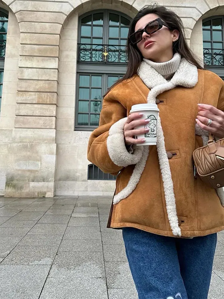 TAVIMART  -  Fashion Lamb Woolen Spliced Warm Coat For Women Vintage Side Buttons Lapel Full Sleeve Jackets Lady Autumn Winter Thick Outwear