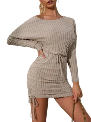 TEEK - Khaki Round Neck Long Sleeve Dress