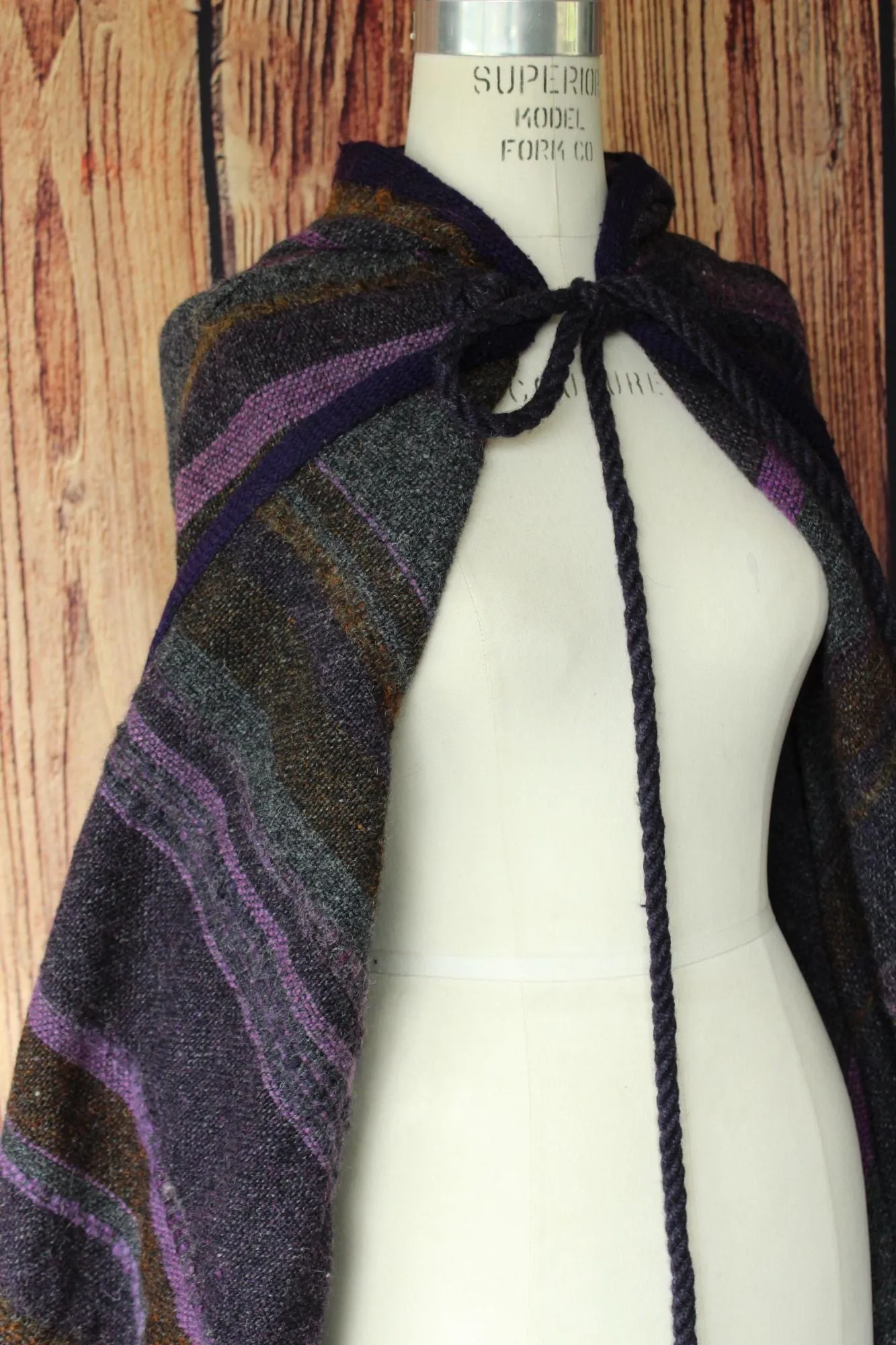 Vintage 1970s Lynda Brothers Handwoven Purple Wool Cloak with Hood