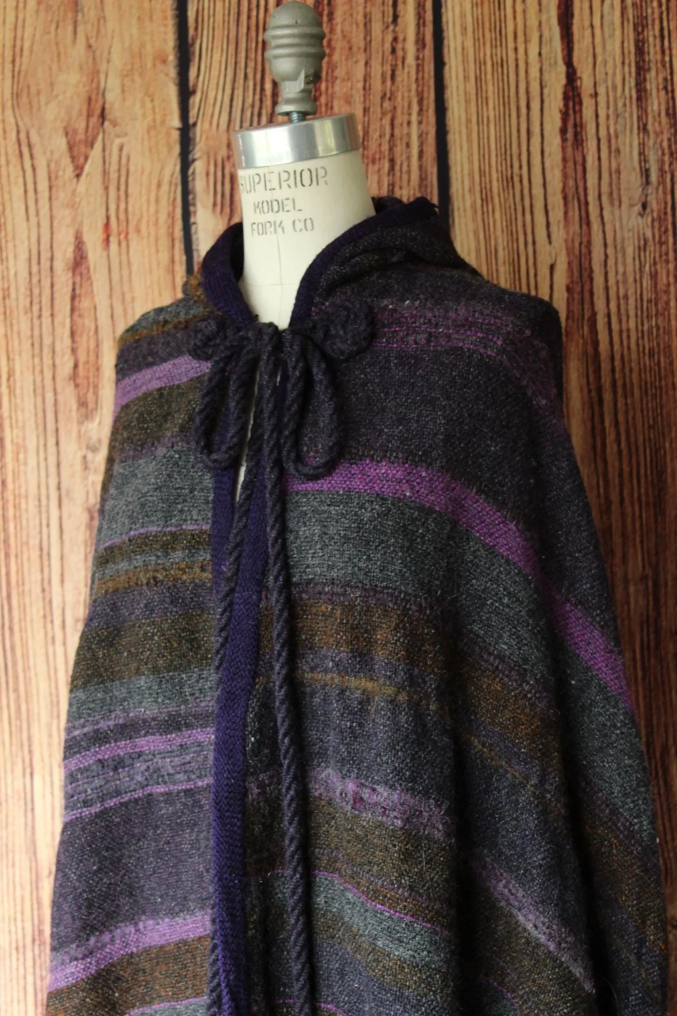 Vintage 1970s Lynda Brothers Handwoven Purple Wool Cloak with Hood