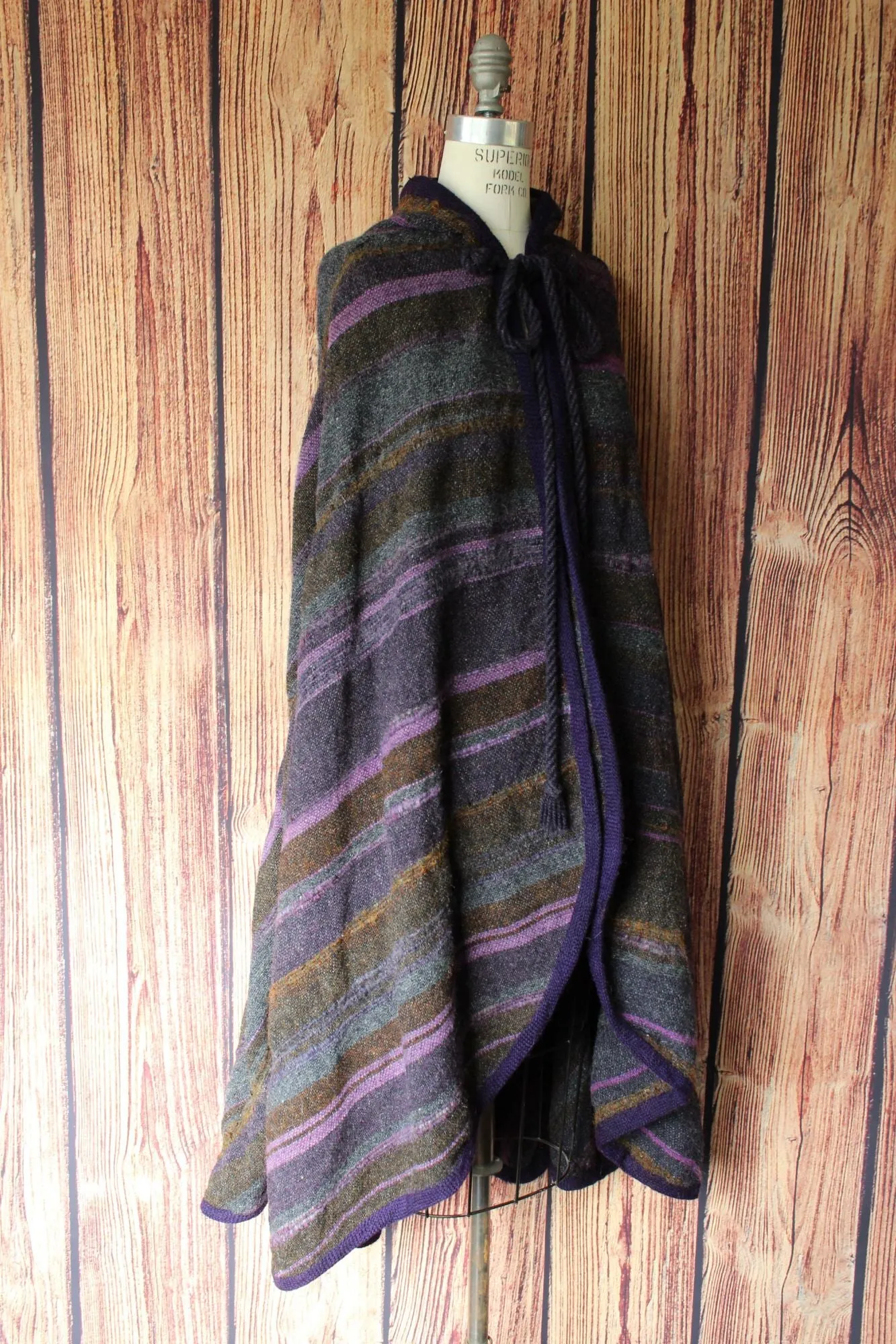 Vintage 1970s Lynda Brothers Handwoven Purple Wool Cloak with Hood