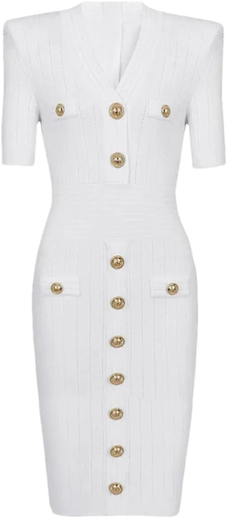 Vsadsau Women's Knitted Dress Short Sleeve Elastic V-Neck Solid Color Buttons Slim Fit Midi Dresses