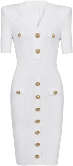 Vsadsau Women's Knitted Dress Short Sleeve Elastic V-Neck Solid Color Buttons Slim Fit Midi Dresses