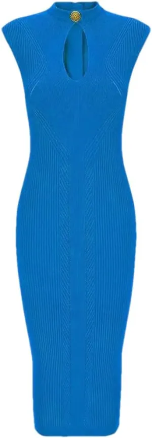 Vsadsau Women's Knitted Dress Slim Sleeveless Crewneck Hollow Slim Solid Color Midi Dresses