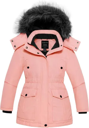 wantdo Girl's Winter Coat Warm Fleece Puffer Jacket Waterproof Parka with Faux Fur Hood