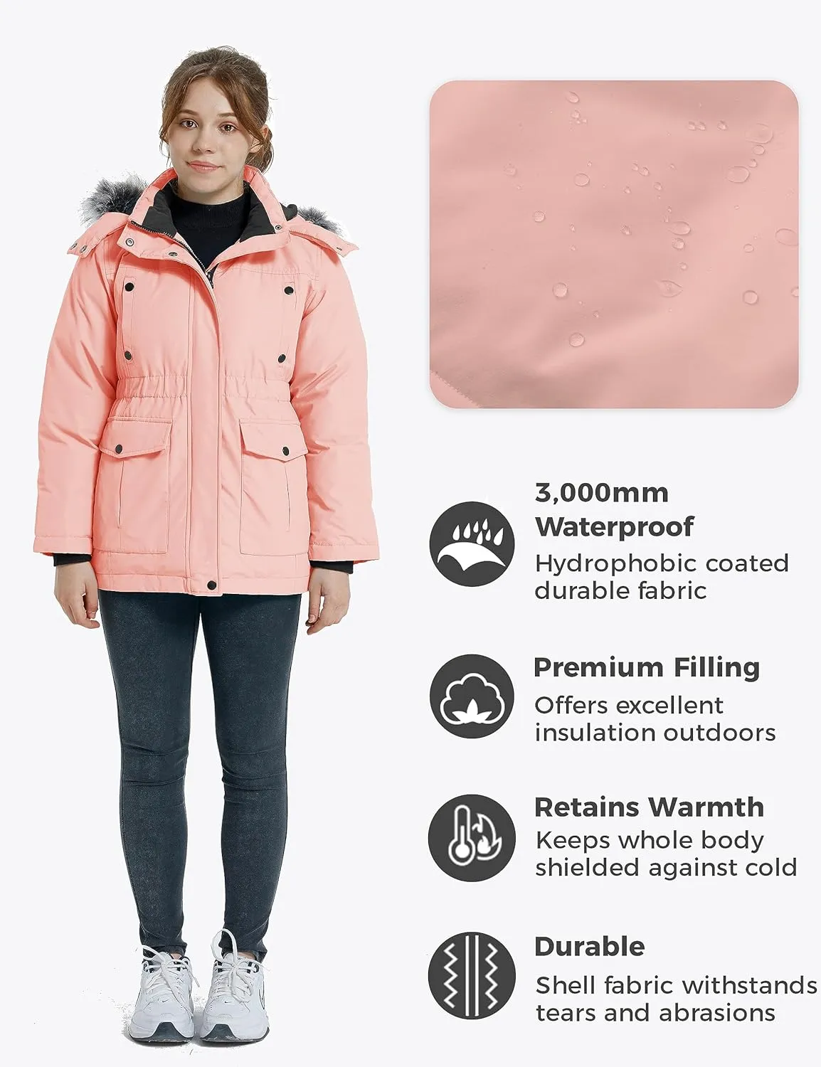 wantdo Girl's Winter Coat Warm Fleece Puffer Jacket Waterproof Parka with Faux Fur Hood