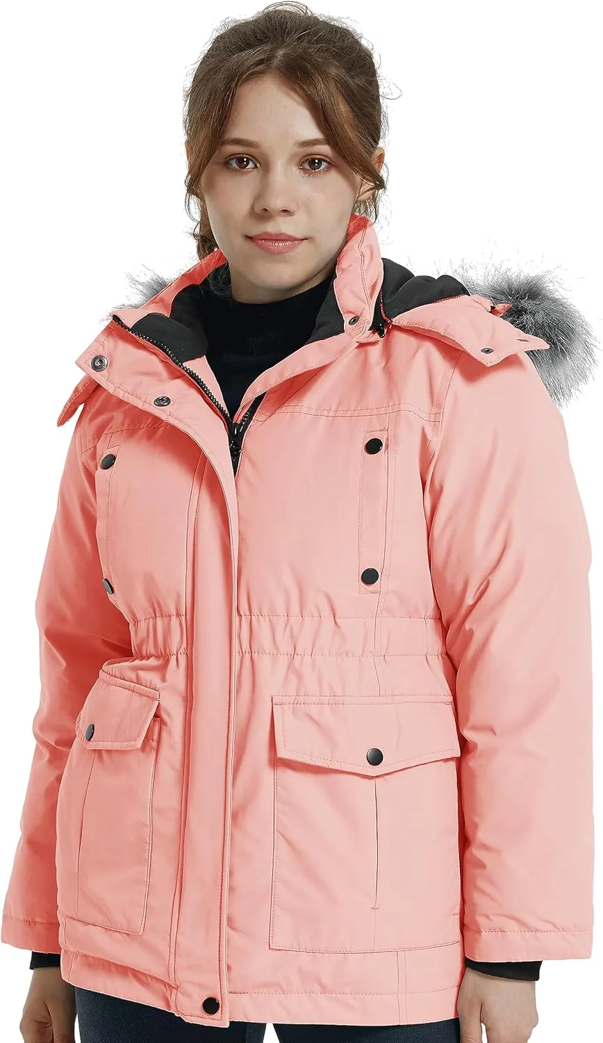 wantdo Girl's Winter Coat Warm Fleece Puffer Jacket Waterproof Parka with Faux Fur Hood