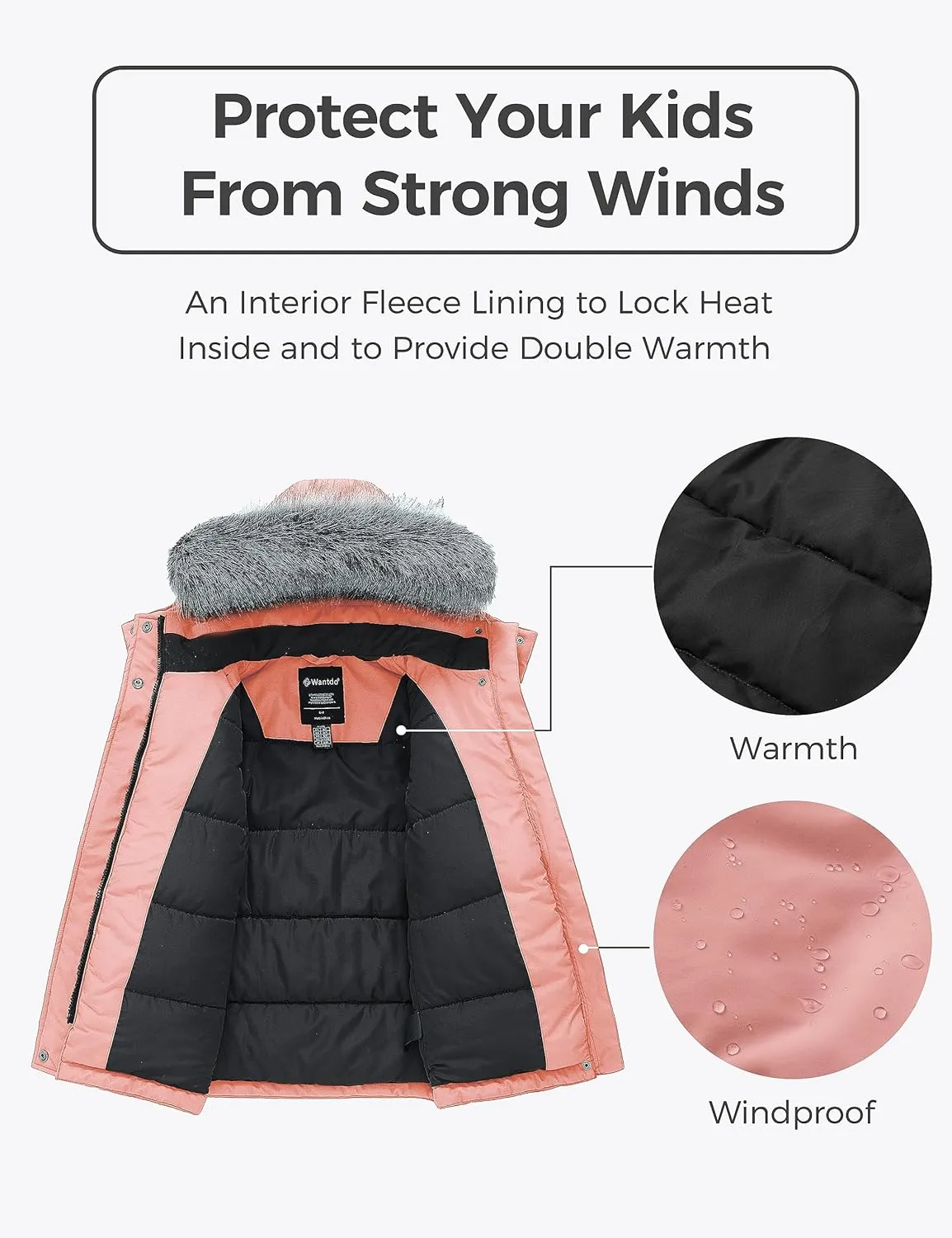 wantdo Girl's Winter Coat Warm Fleece Puffer Jacket Waterproof Parka with Faux Fur Hood