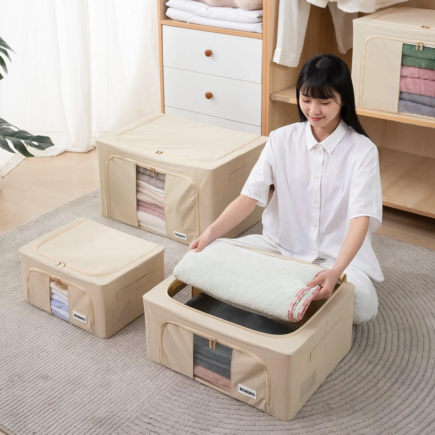Wardrobe Organizer 600D Oxford Fabric Cloth Storage Box, 66ltr 50x40x33cm, Beige