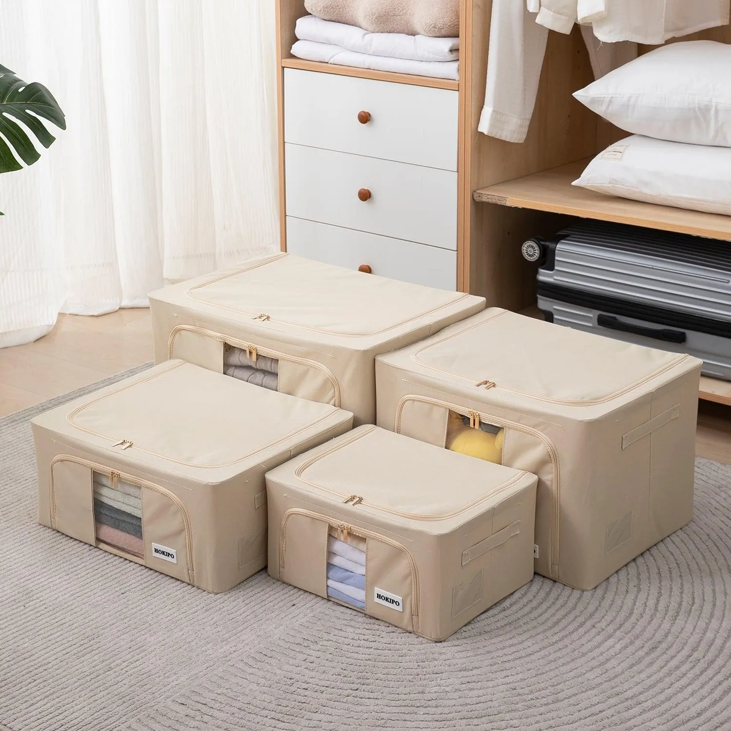 Wardrobe Organizer 600D Oxford Fabric Cloth Storage Box, 66ltr 50x40x33cm, Beige