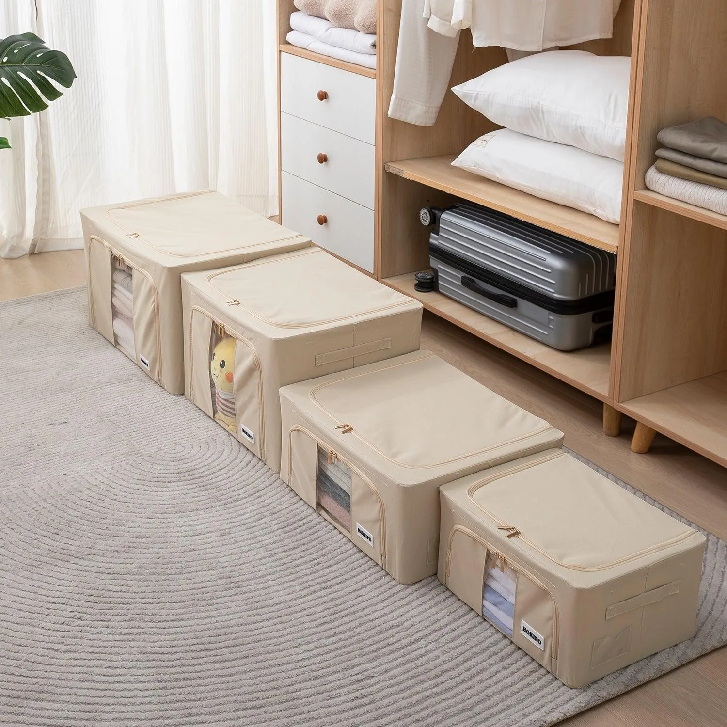 Wardrobe Organizer 600D Oxford Fabric Cloth Storage Box, 66ltr 50x40x33cm, Beige