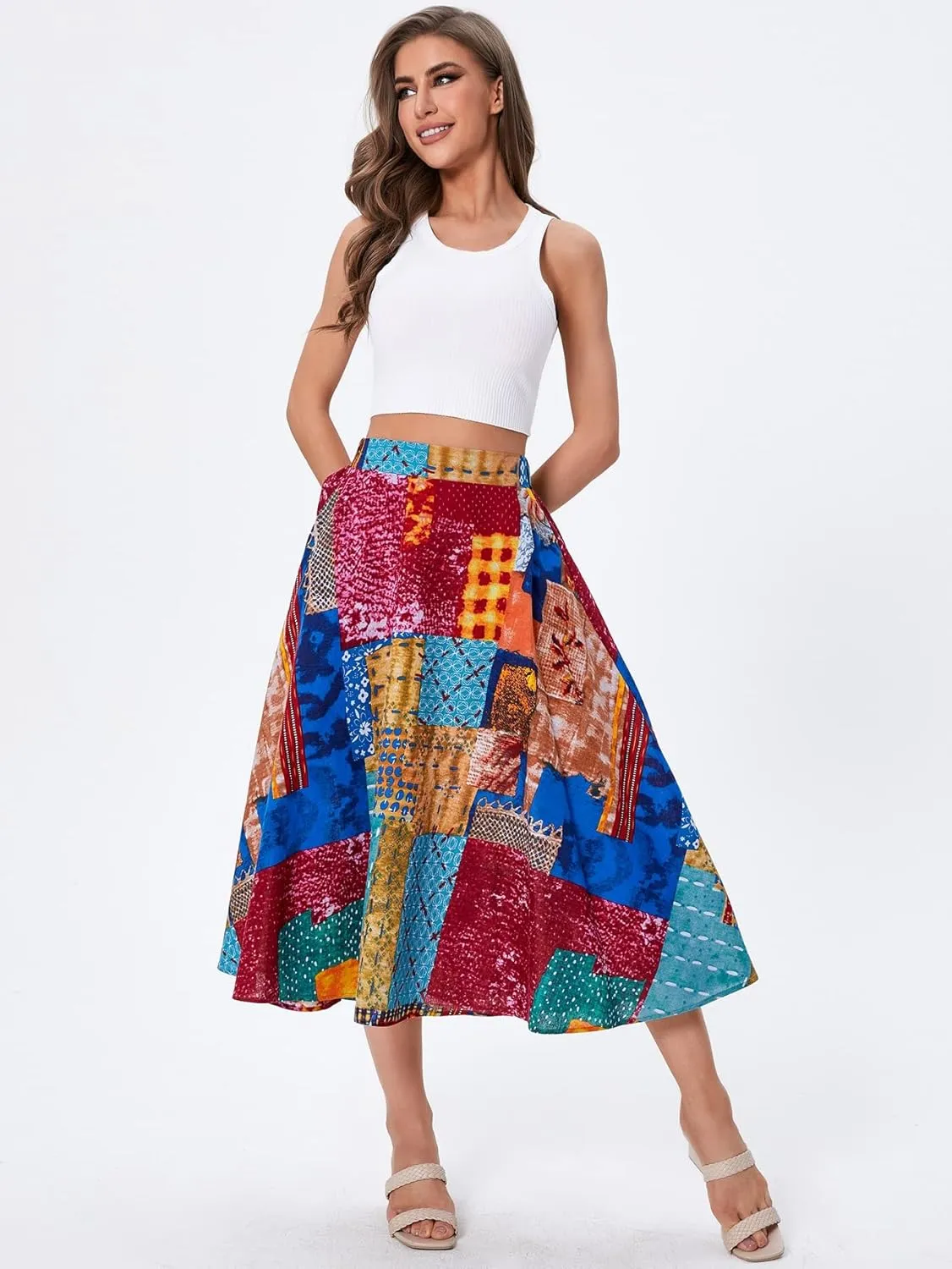 WDIRARA Women's Patchwork Skirt High Waisted A Line Flowy Boho Vintage Midi Skirt