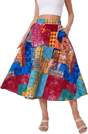 WDIRARA Women's Patchwork Skirt High Waisted A Line Flowy Boho Vintage Midi Skirt
