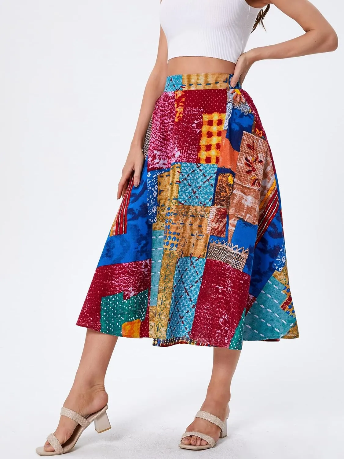 WDIRARA Women's Patchwork Skirt High Waisted A Line Flowy Boho Vintage Midi Skirt