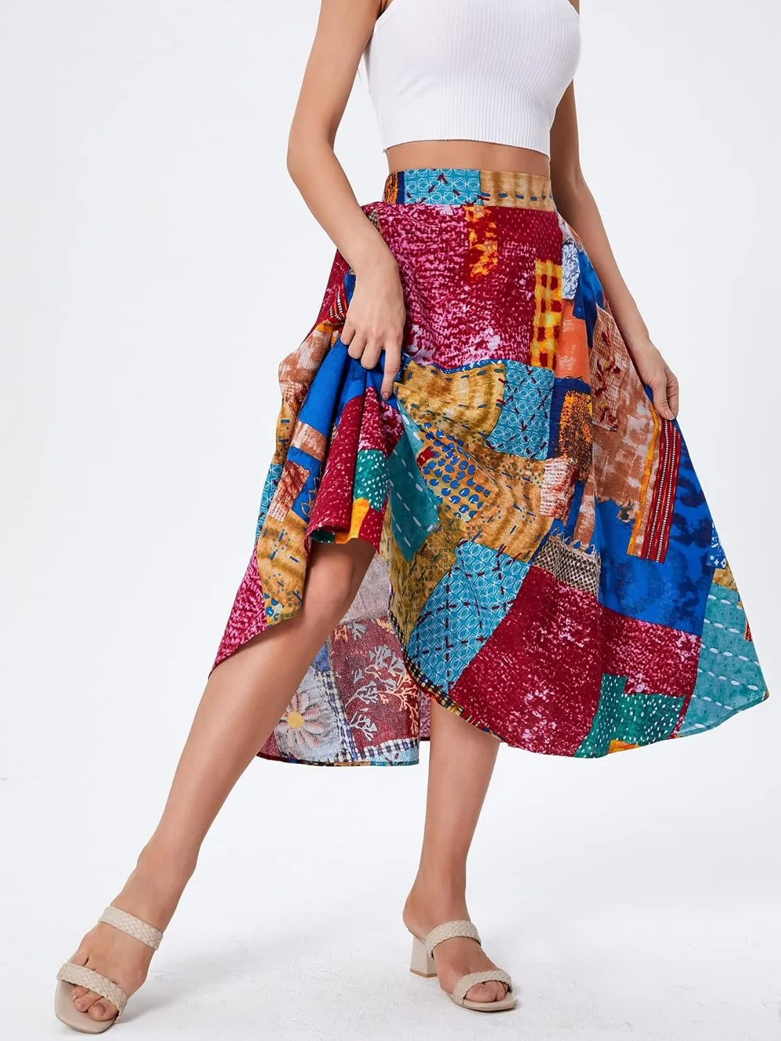 WDIRARA Women's Patchwork Skirt High Waisted A Line Flowy Boho Vintage Midi Skirt