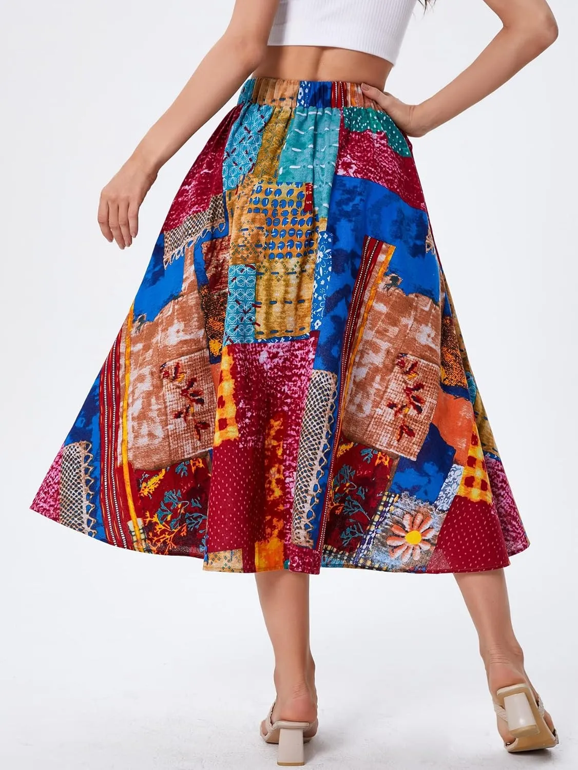 WDIRARA Women's Patchwork Skirt High Waisted A Line Flowy Boho Vintage Midi Skirt