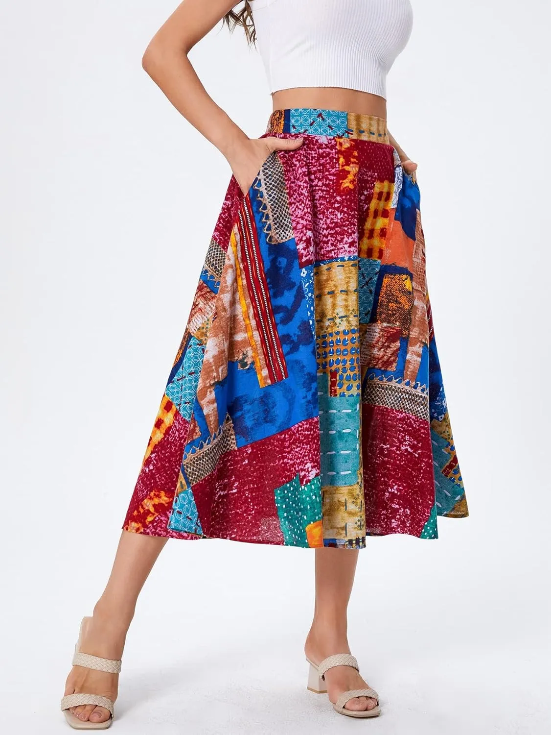 WDIRARA Women's Patchwork Skirt High Waisted A Line Flowy Boho Vintage Midi Skirt