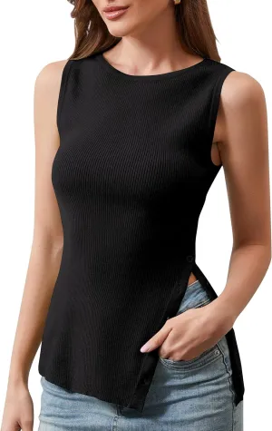 Women Asymmetrical Side Button Slit Hem Sweater Vest Sleeveless Ribbed Knit Tank Tops Boat Neck Summer Vest Tops 2025