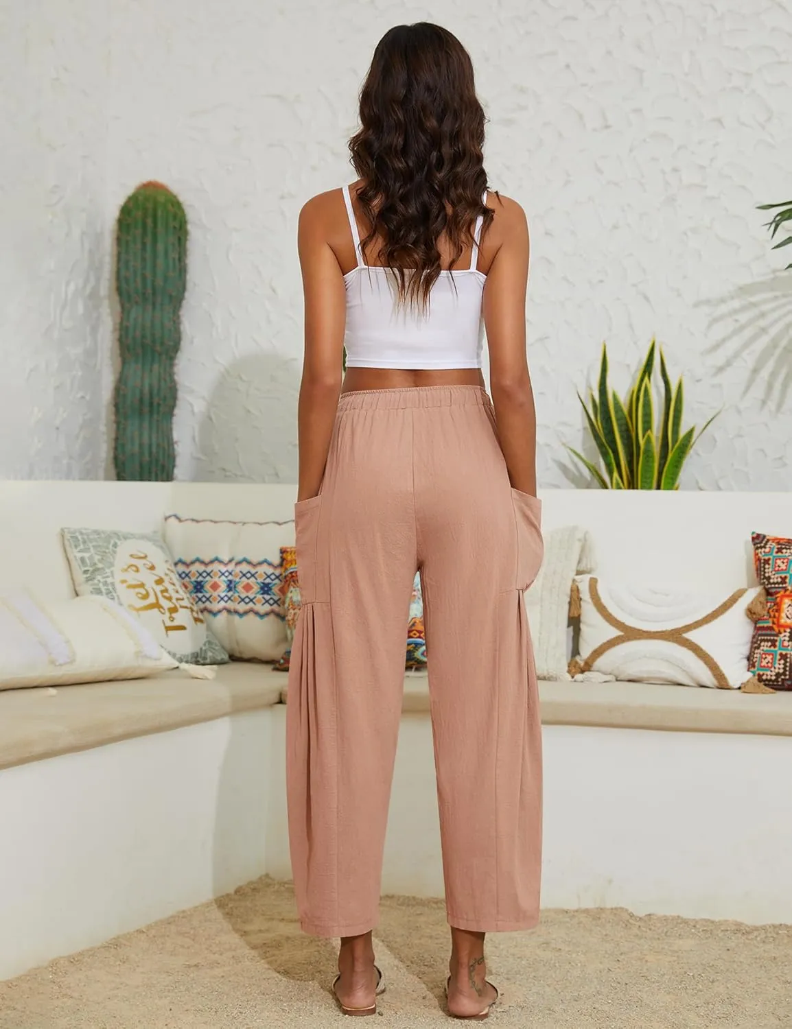 Women Linen Pants Wide Leg Boho Pants Loose Lightweigt Beach Palazzo Harem Pants with Pockets